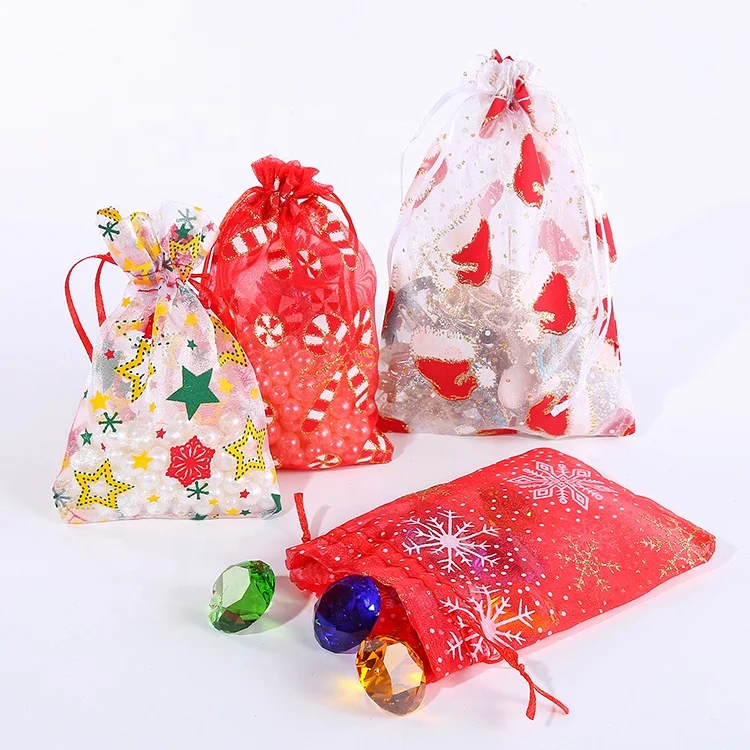 10*15cm New Year Party Organza Pouches Star Pattern Jewelry Candy Drawstring Pouches Christmas Organza Bags