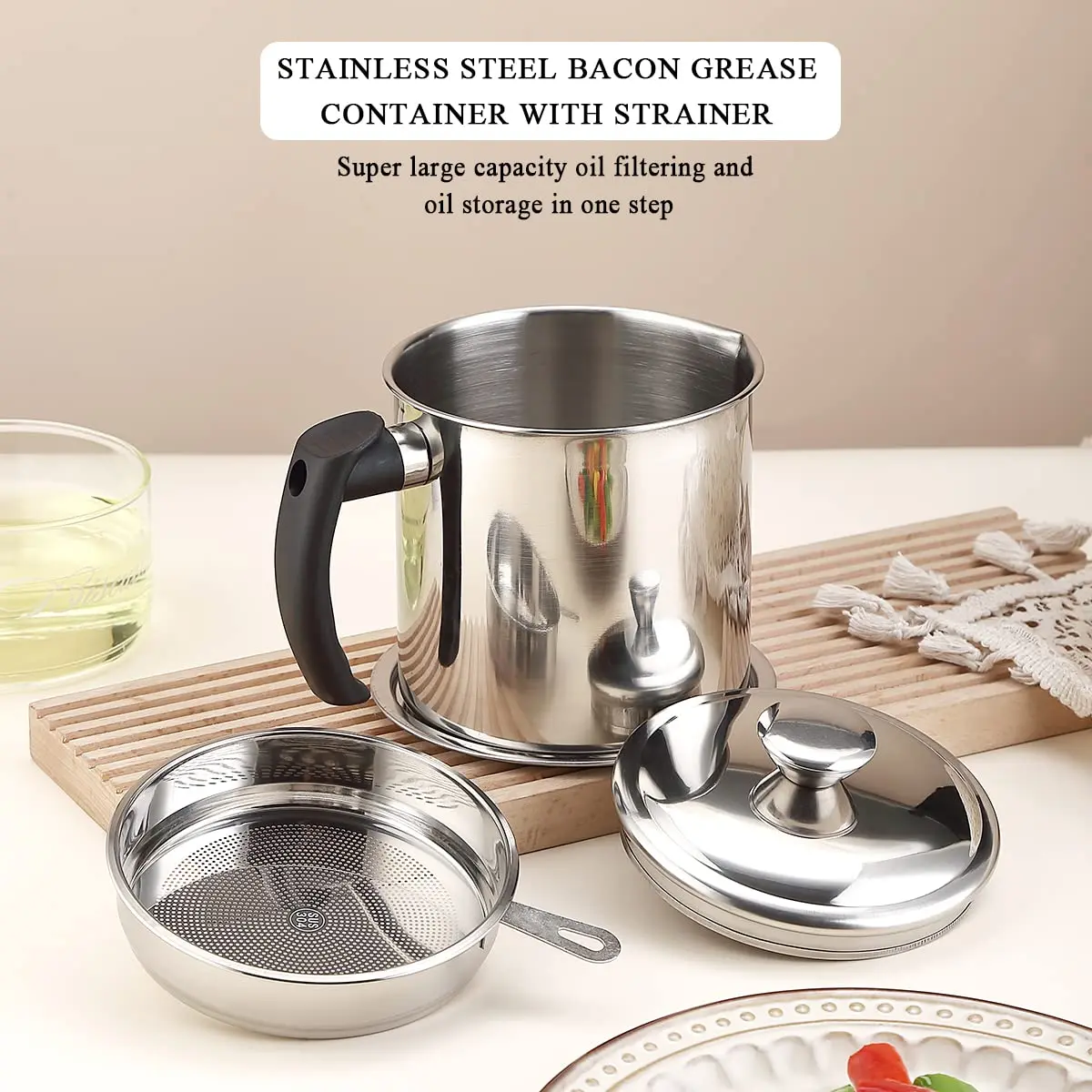 Kitchen Cooking Oil Keeper Stainless Steel Grease Container with Filter Bacon for With Strainer