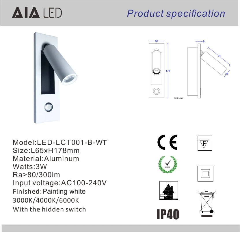 Adjustable headboard wall lamp led bed wall reading lamps energy saving bedside wall lights 3W for dormitory for hotel villa