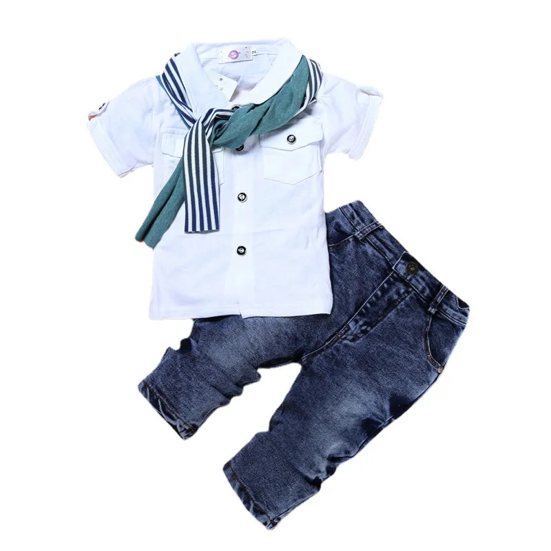 2024 wholesale good price  Kids 3pcs T shirt + long jeans pant + scarf set summer  short boutique clothe set for Baby Boy Child