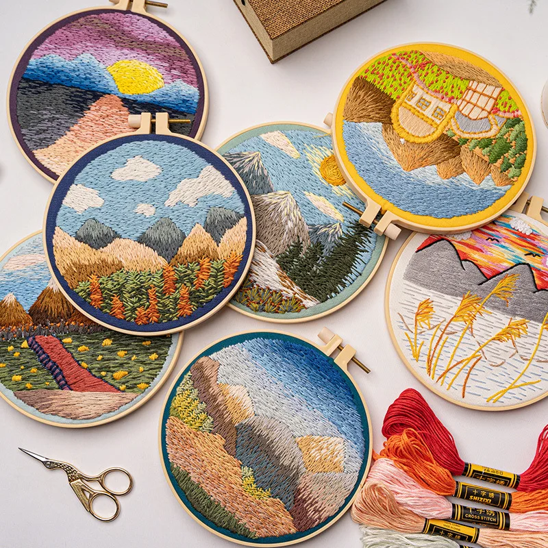 Landscape Scenery Diy Handy Sewing Art Craft Embroidery Kit for Beginners with Pattern Hoops Instructions