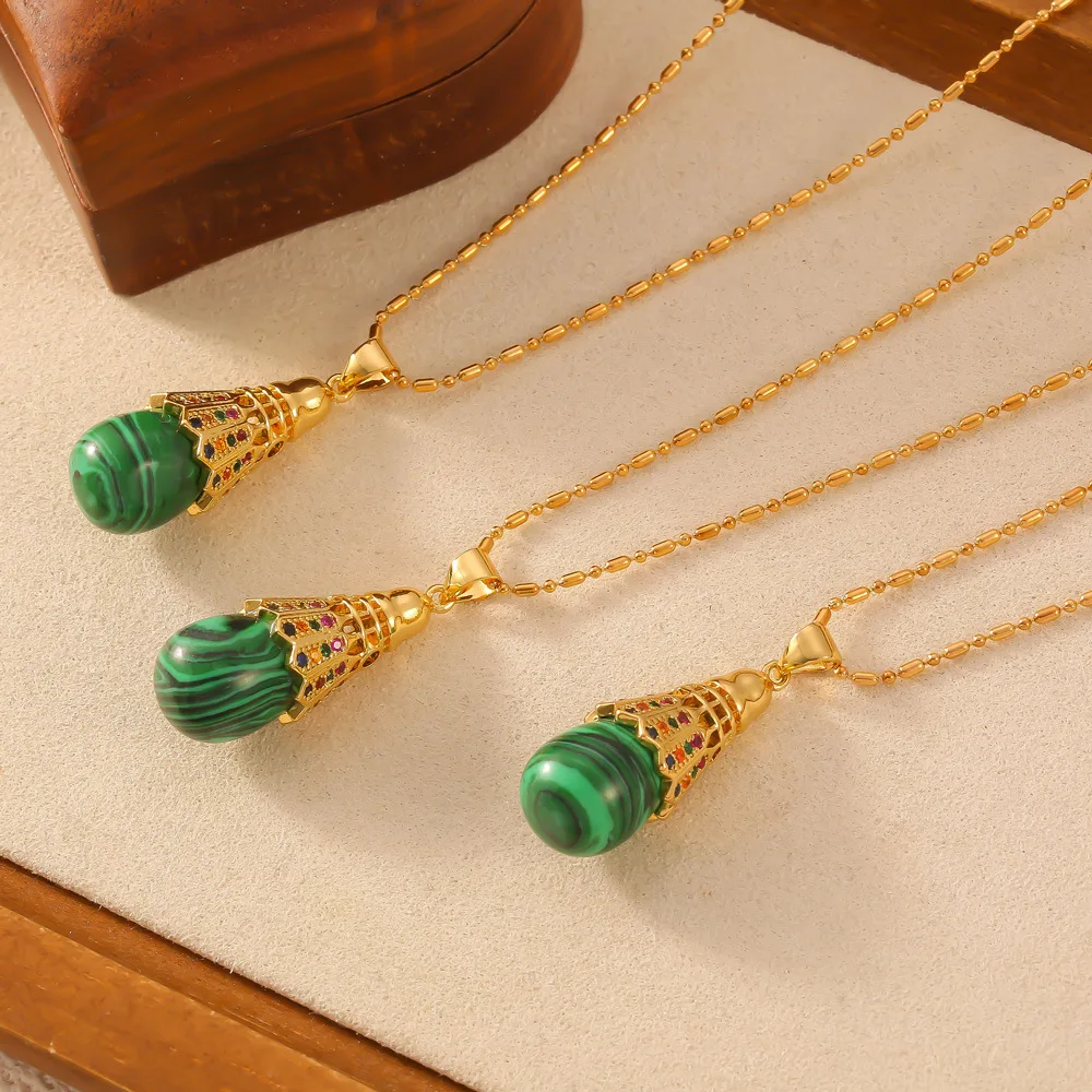 Vintage Water Drop Malachite Natural Stone Badminton Zircon Pendant Necklace Elegant 18k Gold Plated Stainless Steel Necklace