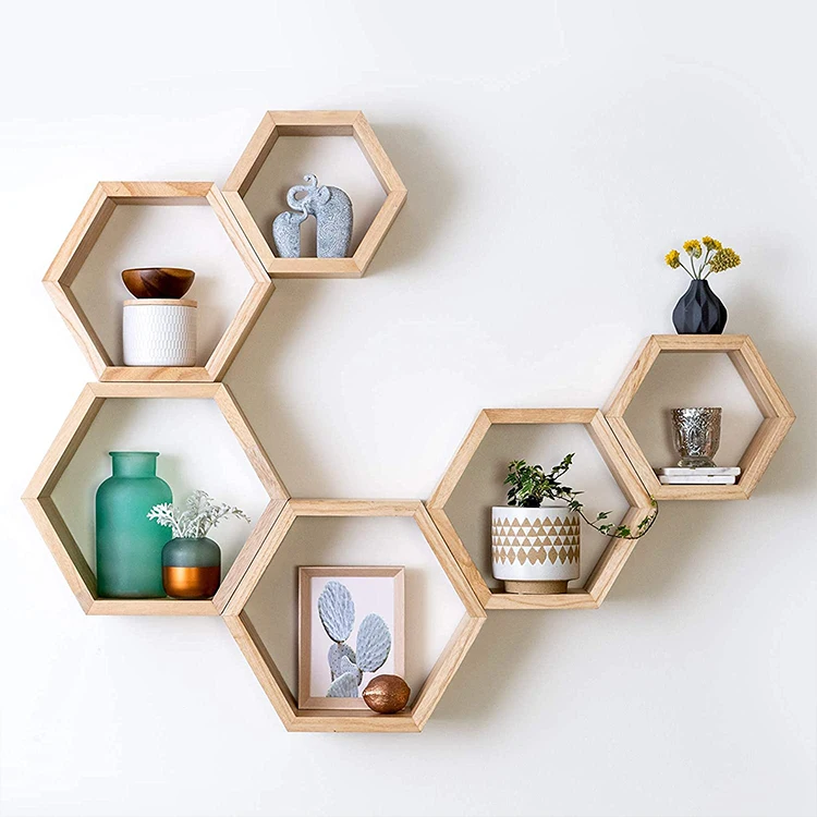 Hexagon Floating Cube Wall Mount Wooden Shelf MDF shelf Beautiful Wood Honeycomb Shelves for Home and Office