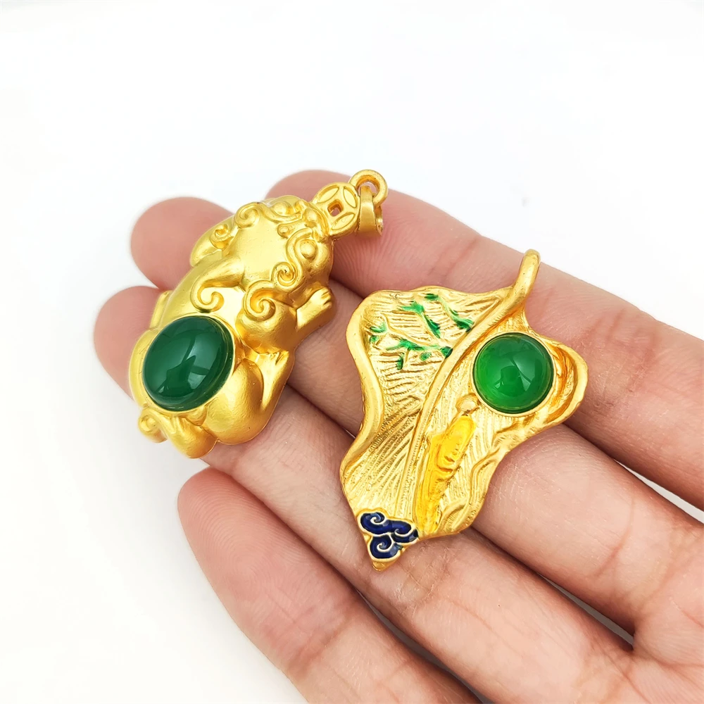 Natural Stone Buddha Charm Fan Shape Gold Plated Gemstone Chrysoprase Pendant Fish Pixiu Dragon with Green Chalcedony Pendants