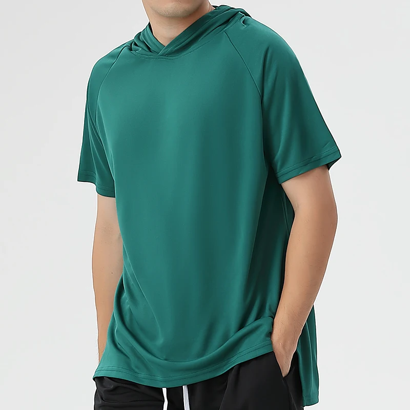 100% Polyester Short Sleeve Gym Shirt Hooded Men Side Split Quick Dry Shirt Wholesale Blank Sport T Shirt