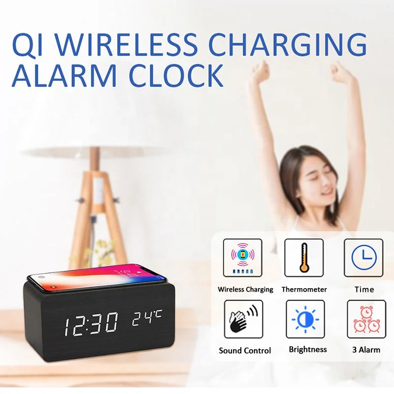 Best Gift Promotional Desk & Table Clock Digital Clock Wireless Charger Phone 5w 10w Qi Wireless Charging Wooden Led Alarm Clock