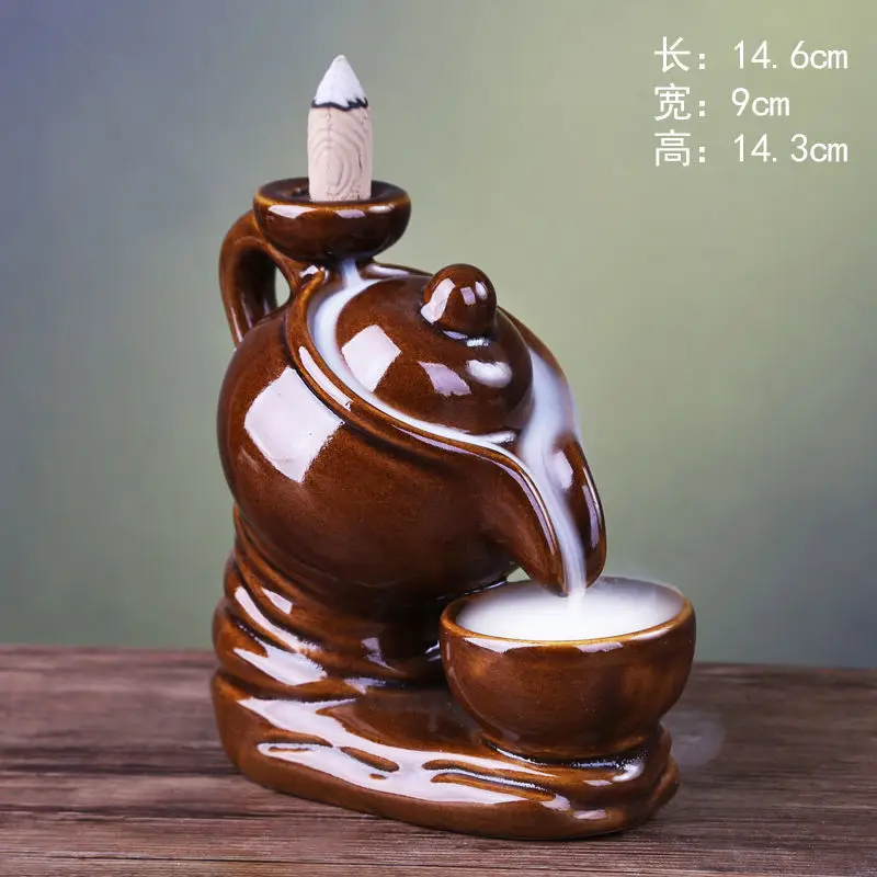 Hot sale ceramic fresh air coffee pot backflow burner, black teapot incense waterfall burner holder wholesale
