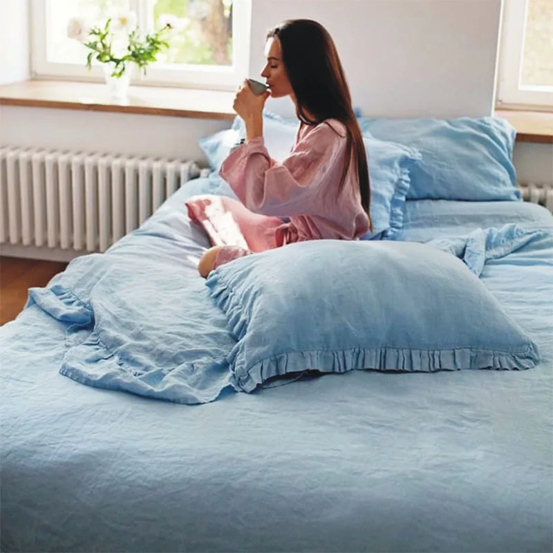 luxury low moq new product 100% pure belgium french flax linen hemp blue ruffle bedding sets four-piece set