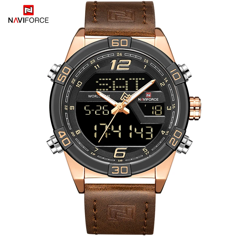 Мужские спортивные часы NAVIFORCE 9128 мужские водонепроницаемые кварцевые наручные светодиодные цифровые с кожаным ремешком
