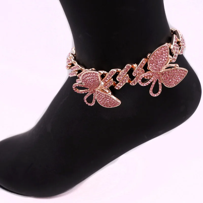  Rose Gold Rhinestone Crystal Beach Anklets for Women Foot Butterfly Ankle Bracelet Female Hip Hop