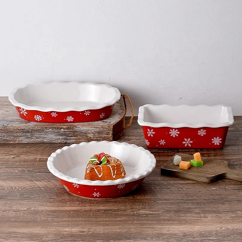 Popular Red Color Ceramic Bakeware Snowflake Pattern Christmas Style Stoneware Baking Dish Restaurant Pie Tray