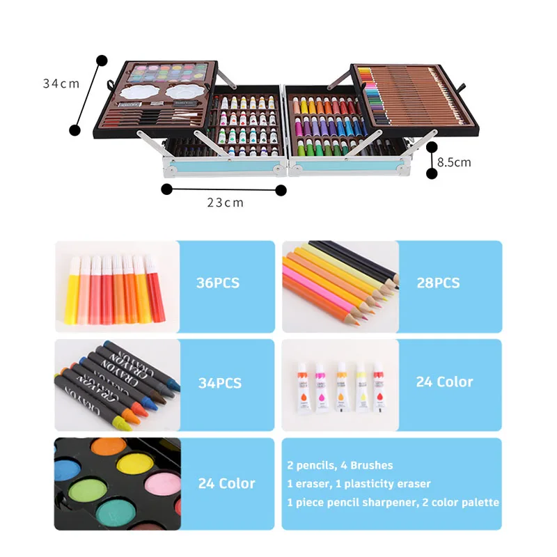145PCS Aluminium Alloy BOX Packing DIY Art Stationery Set Painting Kit Colour Supplies Kids Drawing