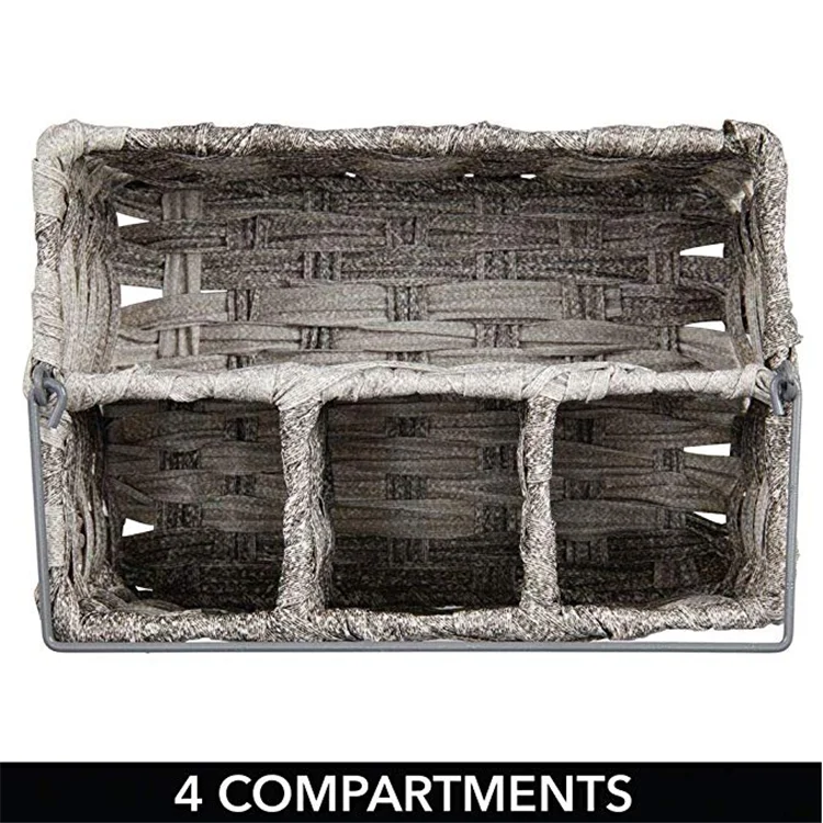Outdoor use woven cutlery storage organizer plastic rattan basket picnic