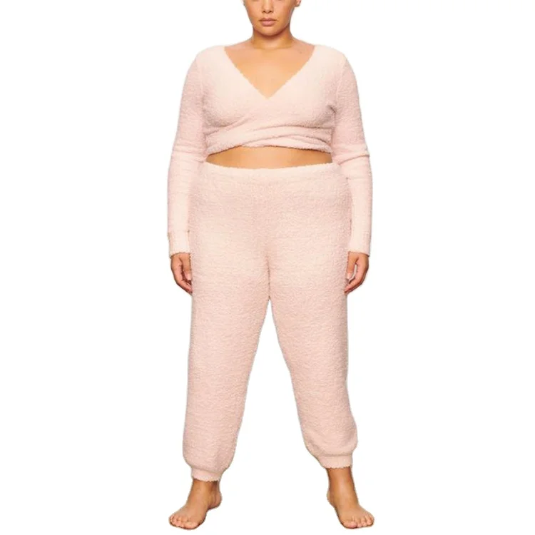 New Design Sexy V-neck Warm And Comfortable Wool Ladies Sleepwear Lounge Custom Women Home Wear Plus Size Pajamas