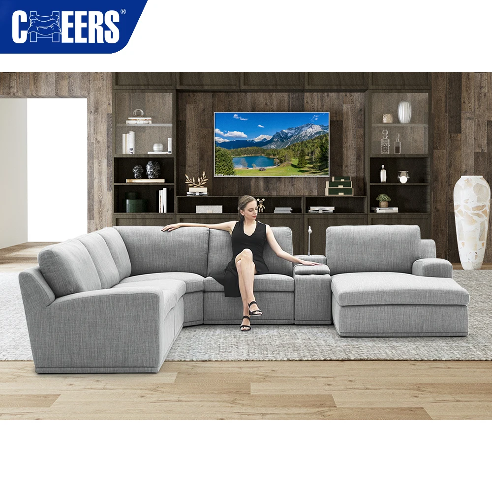 MANWAH CHEERS Fabric Skin-friendly Living Room Sofa 5-Seater Recliner Sectional Sofa with Chaise and Console for Living Room