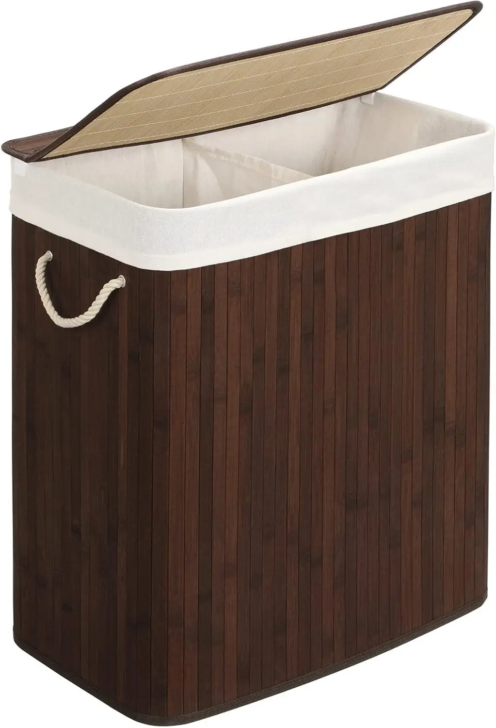 KUYUE Laundry Hamper, 2-Section Laundry Basket, Laundry Hamper with Lid, Bamboo, Foldable, Removable and Machine Washable Liner