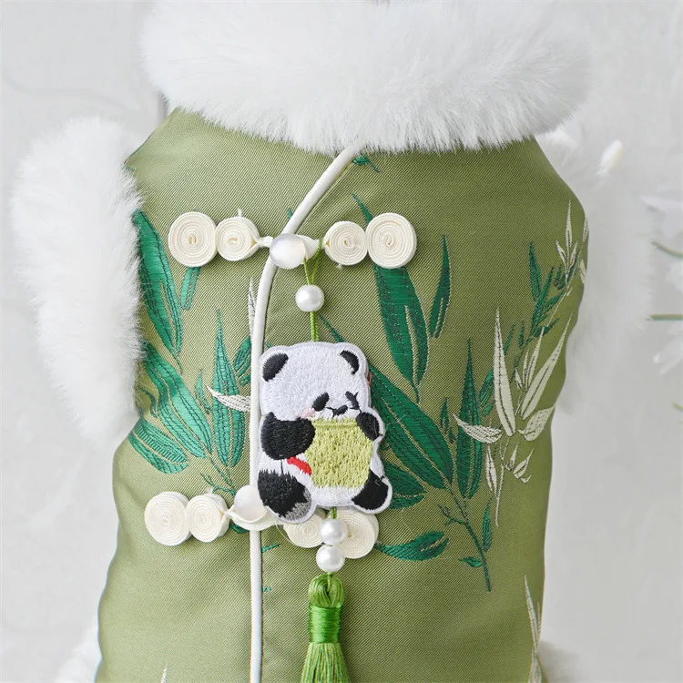 Luxury Embroidery Bamboo and Panda Winter Dog Coat Soft and Warm Chinese Suit for Puppy Dog Outfit