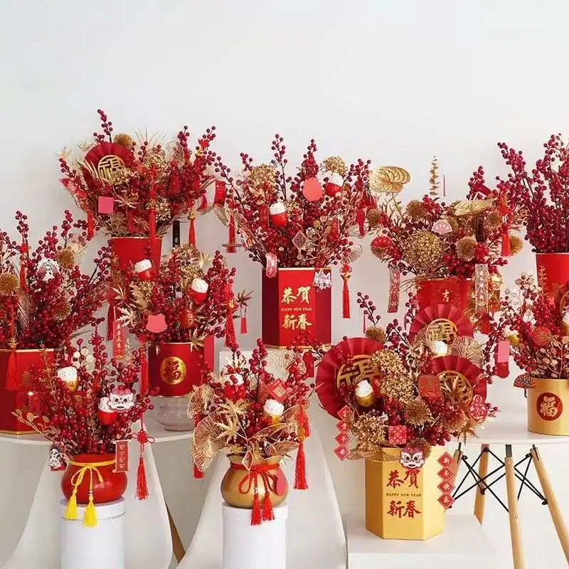 Vietnamese Indoor Home Fortune Artificial Flower Red Fruit Lunar New Year Decoration Gifts Luxury Chinese Handmade CN;GUA Lyan