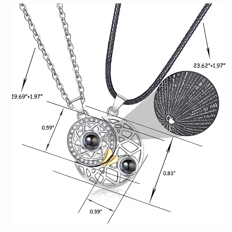 Sun And Moon Shape Couple Friendship Matching Necklaces Jewelry I Love you 100 Languages Projection Magnetic Pendant Necklace
