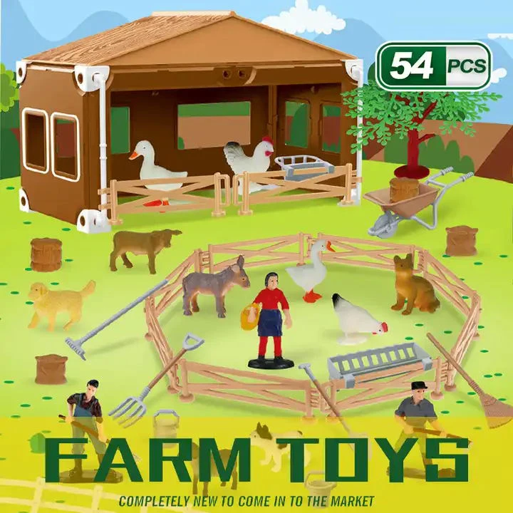 54PCS Pretend Play Scene Model Miniature Farm Animal Barn Toy Kid For Toddlers