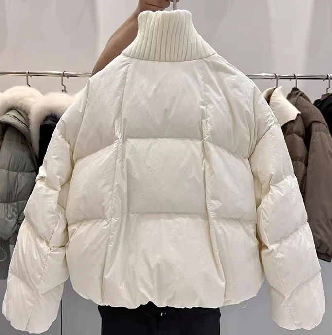 winter duck down jackets for women  short  style jackets with knitted collar and front placket