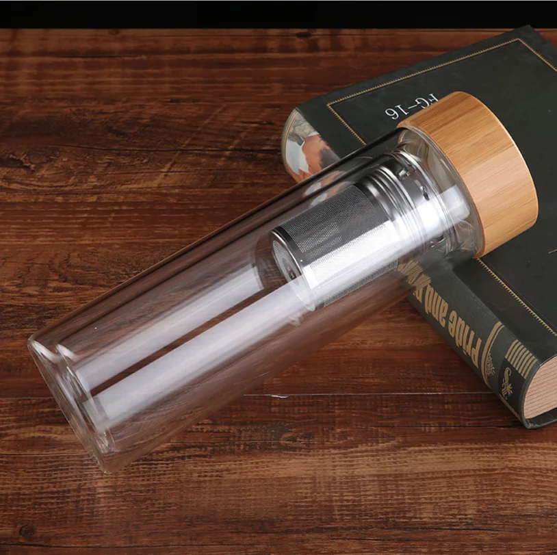 Hot Selling Product 2020 Multifunctional Double Wall Glass Bottle With Bamboo Lid and Phone Holder Tea Infuser
