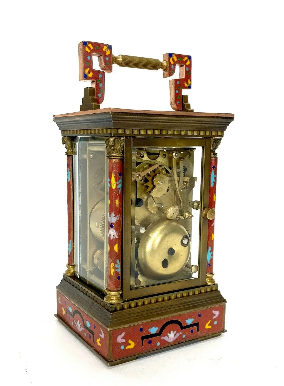 18th French antique Floral Red Cloisonne gilt brass cased 8 Day Repeater Alarm Chiming Calendar Porcelain Carriage Travel clock