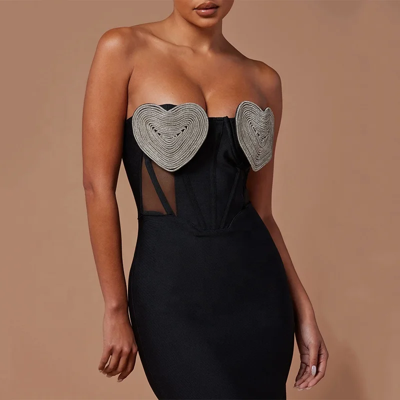 BA422 Black Peach Heart Crystal Bandage Dress Women Spring 2024 Sexy Strapless Mesh Party Midi Dresses Fashion Bodycon Vestidos
