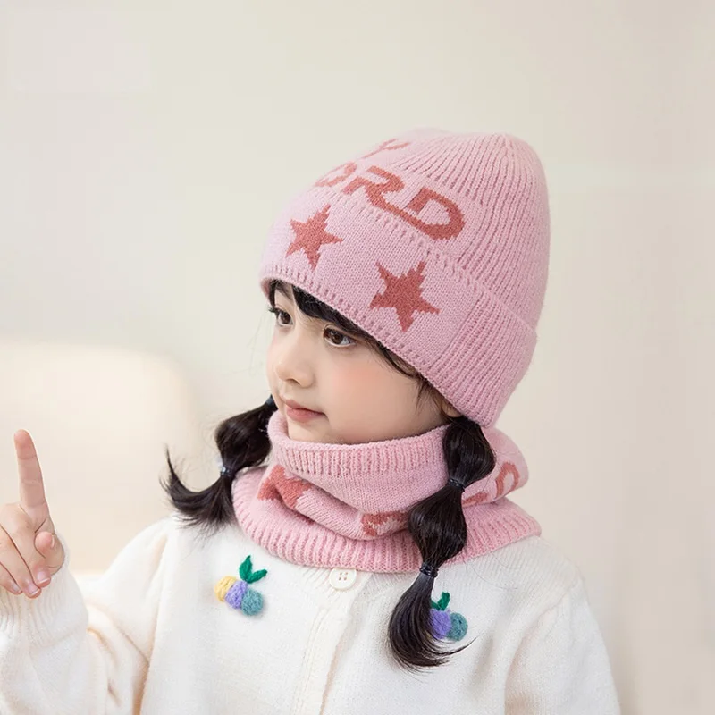 Boys Girls Jacquard Neck Scarves Warm Neckerchief Kids 2pcs Knitting Hat Scarf Adults Kids Star Cap Scarf Set