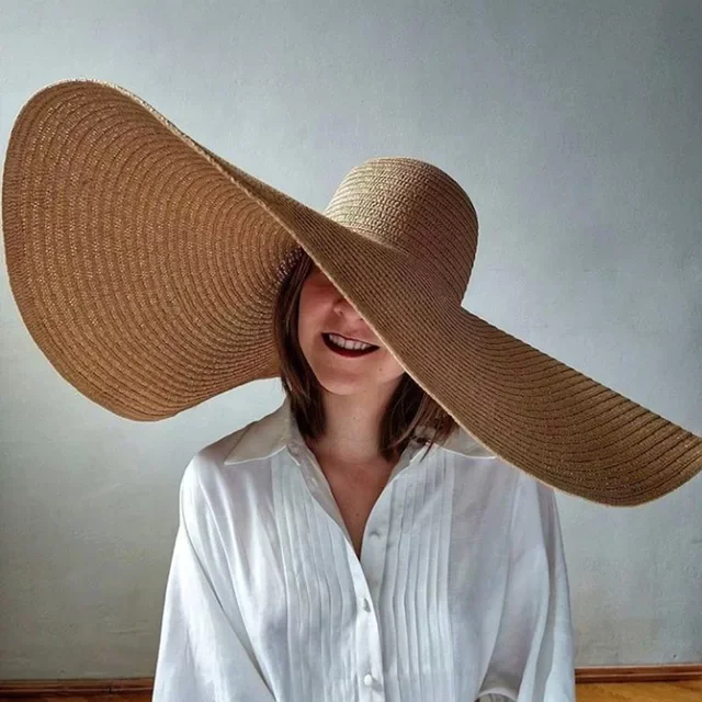 Women Ladies Oversize 25CM Large Brim Roll Up Beach Sun Hat Luxury Female Summer Sunshade Floppy Natural Straw Hat