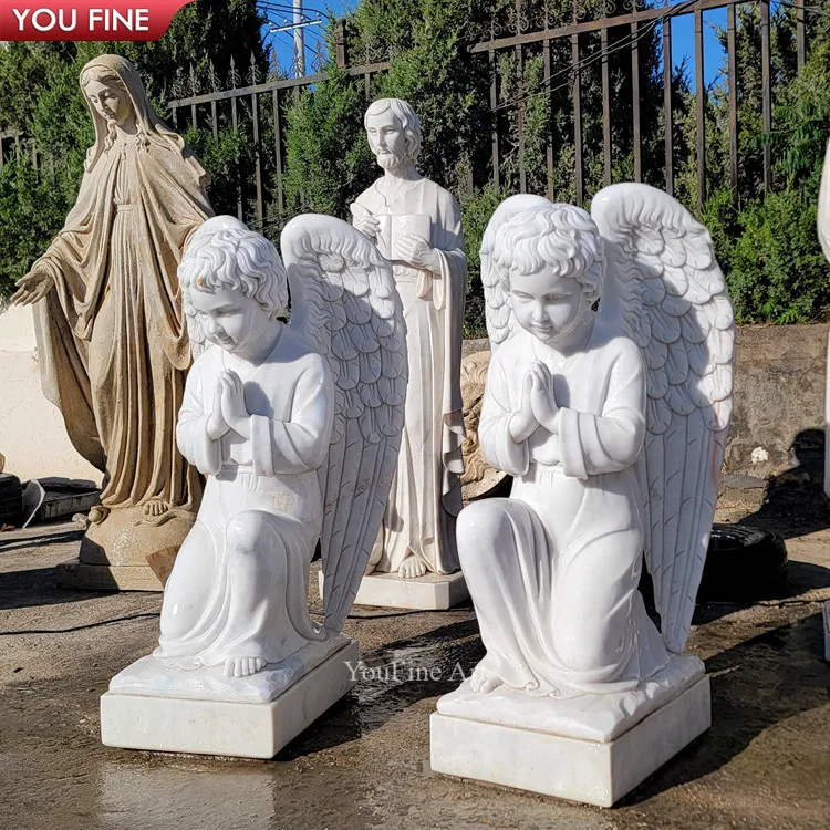 Life Size Hand Carved Praying White Marble Kneeling Angel Statue