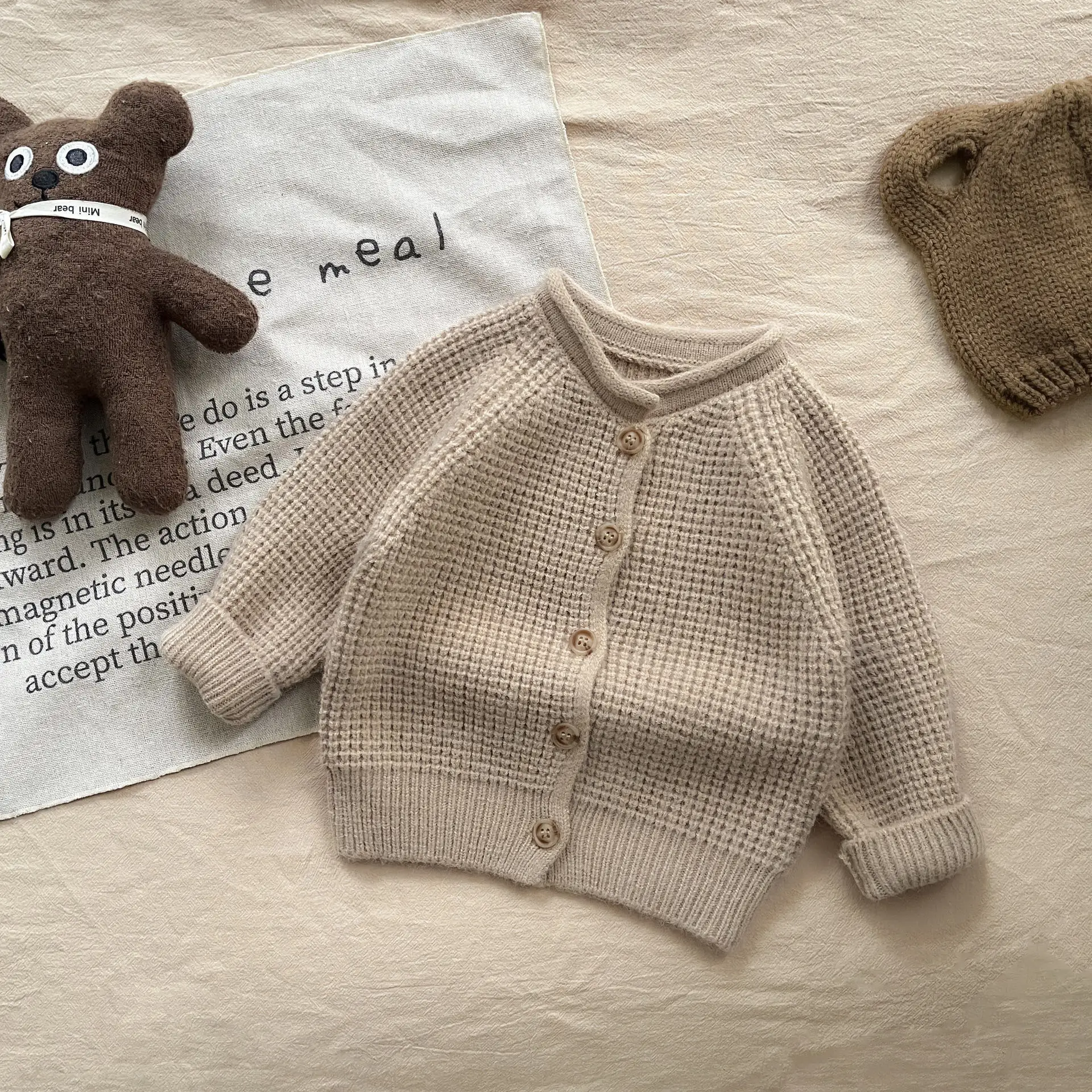 Custom Logo Autumn Newborn Baby Knit Sweater Cardigan Infant Solid Color Knitted Coat Toddler Boy Long Sleeve Top