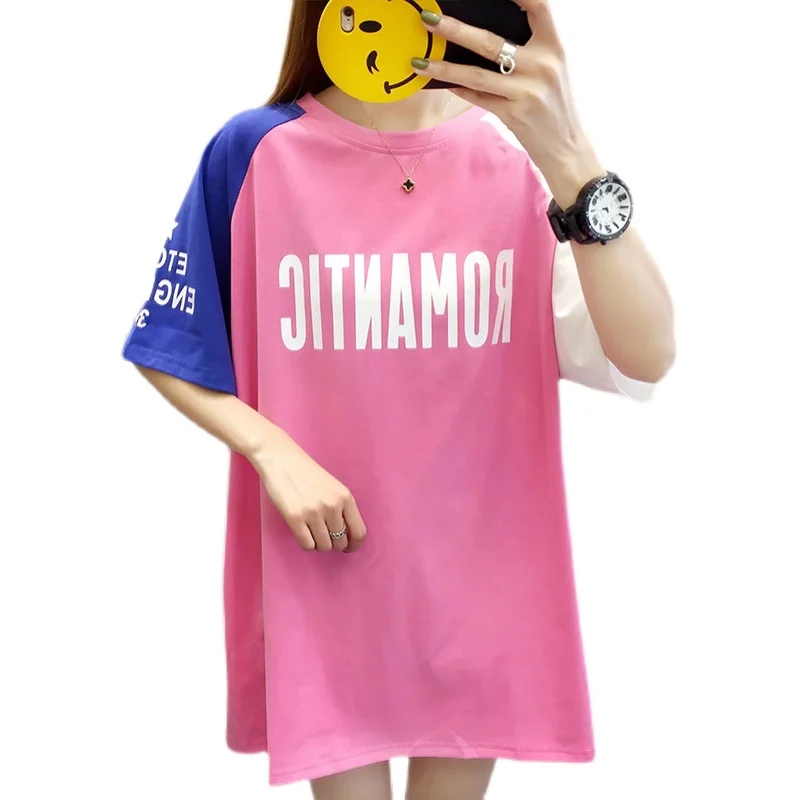 New Summer pregnant women short-sleeved letter t-shirt shoulder patchwork maternity dress medium-length t-shirt