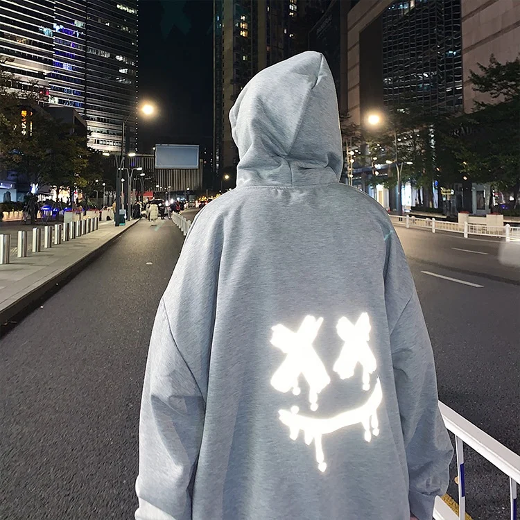 JY040 Loose large size hooded Smiley reflective men graphic hoodies  plus velvet thick streetwear hoodie