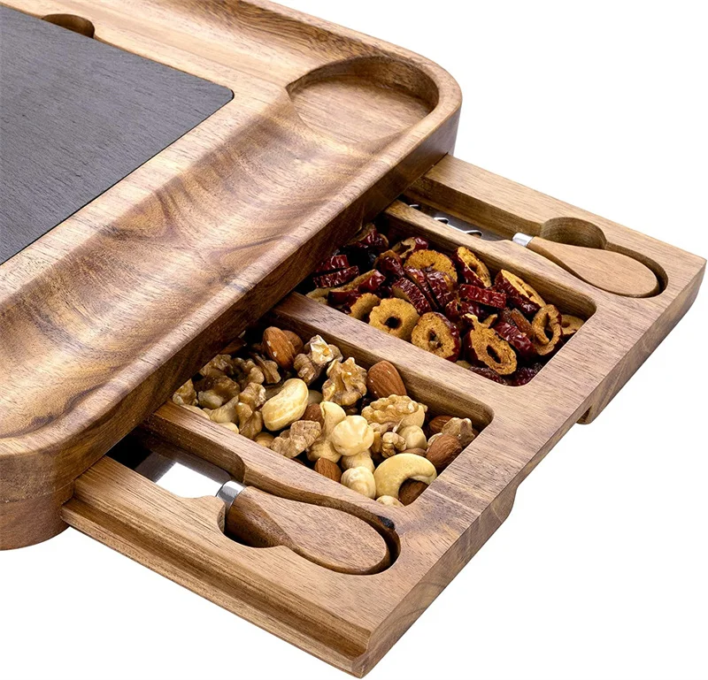 Hot Sales Square Acacia Wood Charcuterie Cheese Board with Stainless Cutlery and Slide-Out Drawer