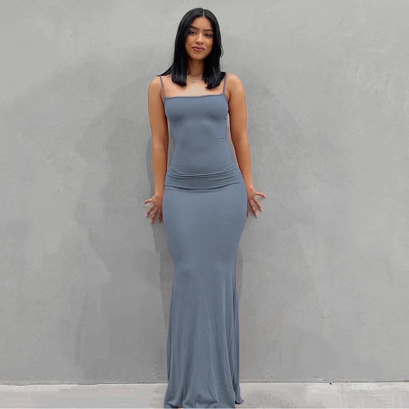 D4076 New Spring Solid Sleeveless Long Dress Women Backless Sling Dress Sexy Bodycon Maxi Dress