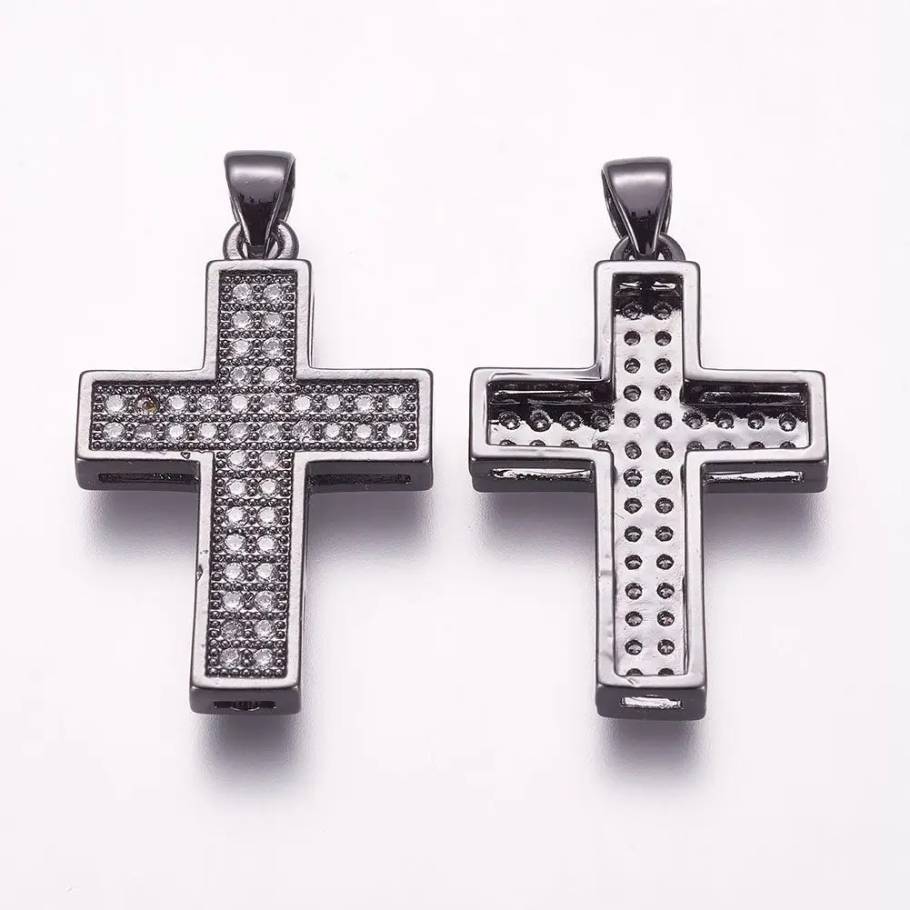 PandaHall Cross Gunmetal Brass Micro Pave Cubic Zirconia Pendants