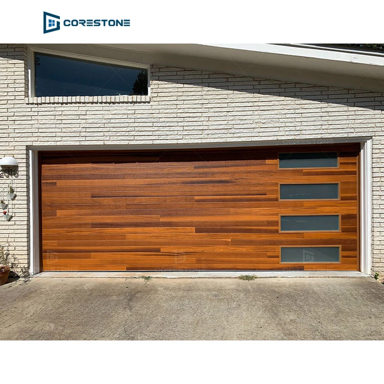 Custom Flush Panel Steel with a Natural Wood-Grain Texture Garage Door and Vertical Windows Contemporary Planks Garage Doors