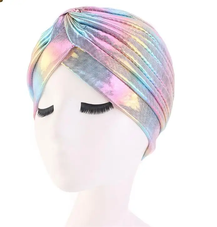 iridescent Laser Bright Stretchable Indian Hat Metallic Arab India Pleated Turban Headwrap Wedding Arabic Turban Men