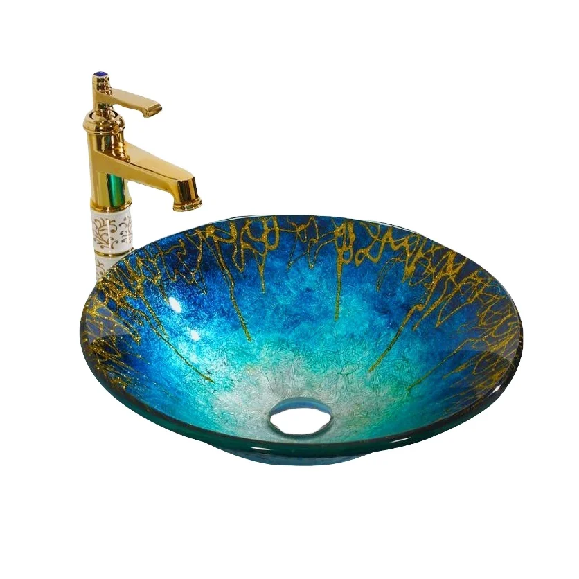 New Modern Design Black Gold Tree Art Series Glass Vanity Wash Basin