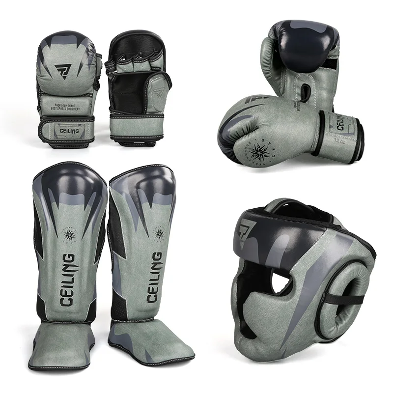 Custom LOGO MMA Boxing Training Equipment Boxing head guard 12oz Gloves Leather Muay Thai Shin Gusrd