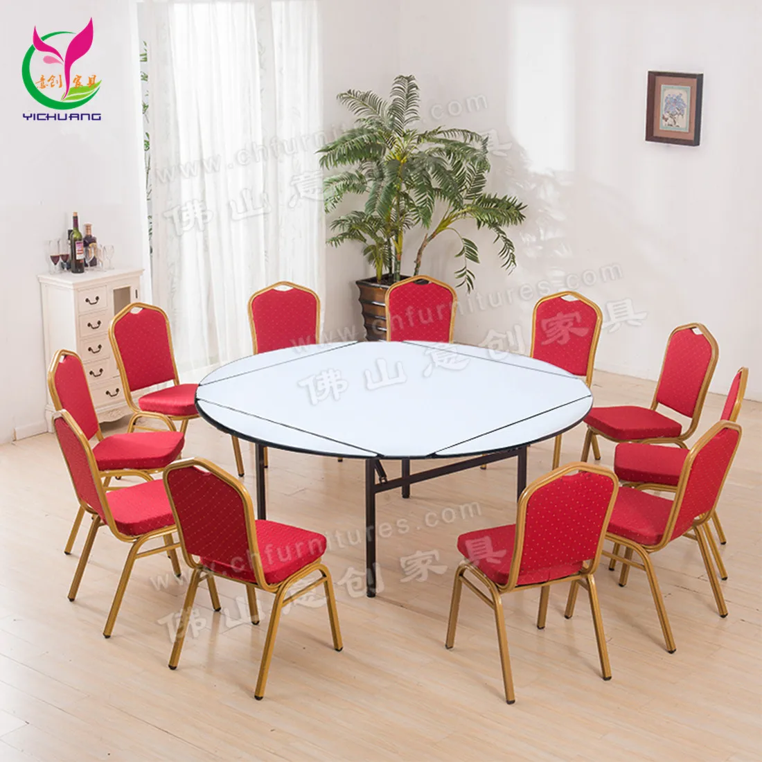 Yichuang Modern Round Square Changeable Plywood Folding Table for Dining Hotel Banquet & Restaurant Pair with Chairs