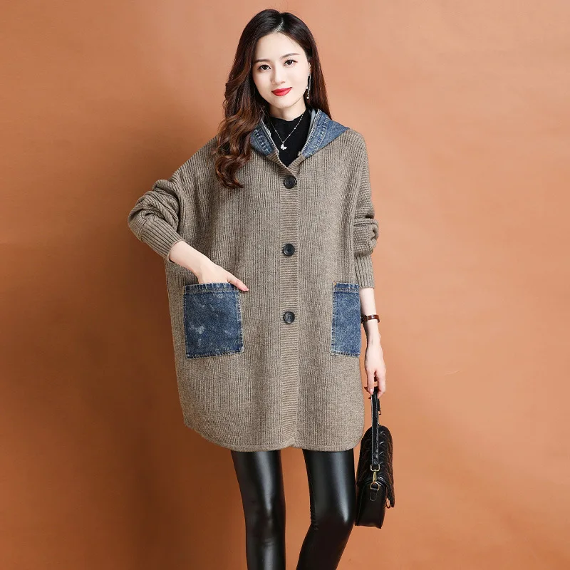 Autumn winter new arrival fashion lady batwing sleeve loose fit jacket patchwork plus size sweater hooded coat