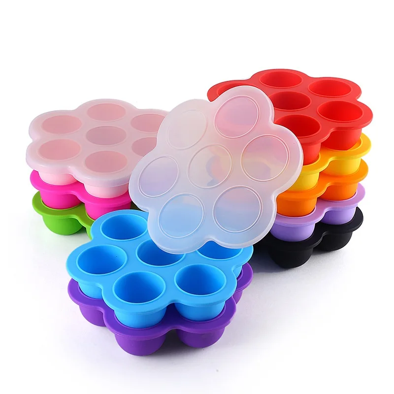Cookware Reusable Stocked Large 7 Grids Silicone Baby Food Container Egg Steamer Ice Cube Tray with Lid