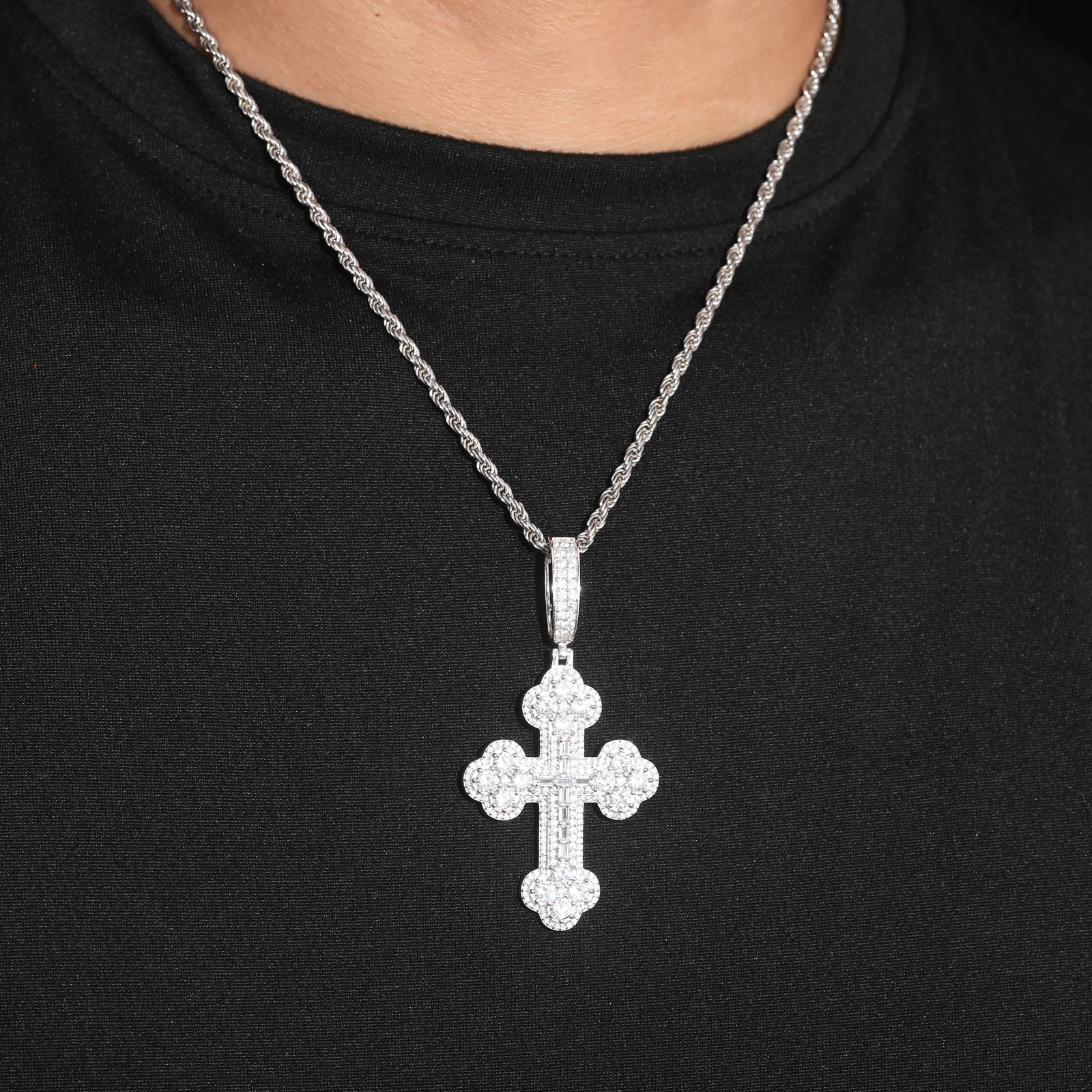 New Design Hip Hop Mens Christian Jewelry Wholesale White Gold 925 Sterling Silver VVS Moissanite Diamond Iris Cross Pendant