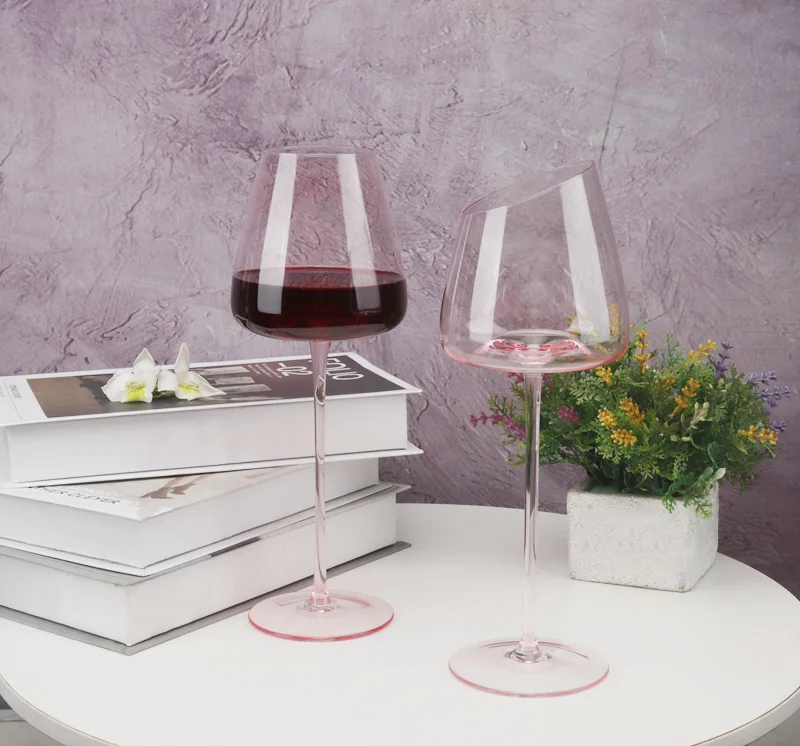 240ml 260ml 580ml Custom Logo Hand-blown Pink Clear Crystal Modern Flamingo Slanted Red Wine Goblet Glass Cup Set