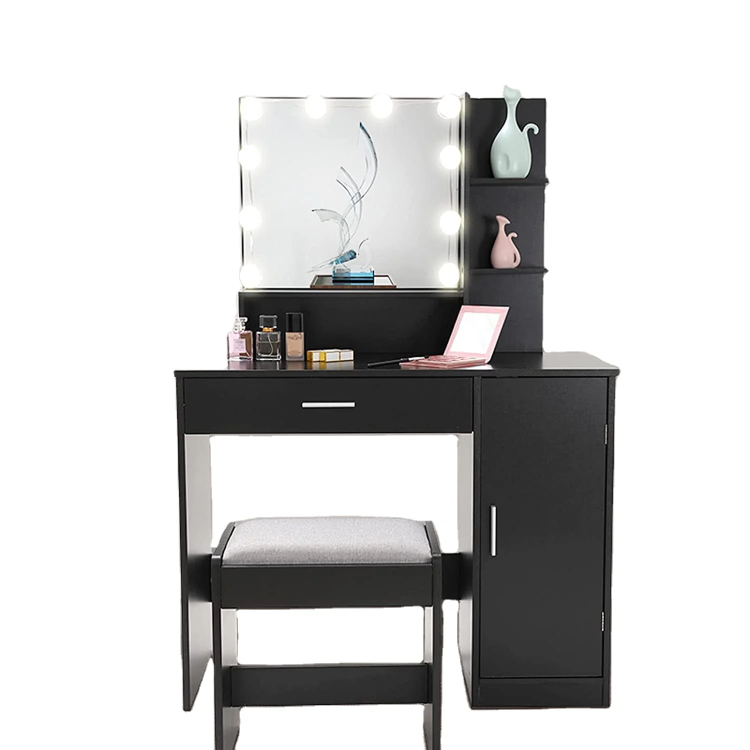 Туалетный столик для макияжа с 2 ящиками и 6 полками для хранения, туалетный столик с мягкой подставкой для женщин и девушек,
