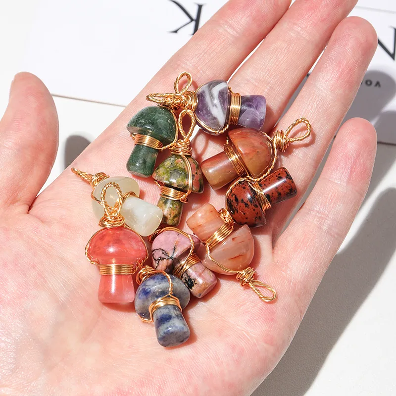 Natural Stone Cute Tiger Eye Stone Quartz Amethysts Leaf Mushroom Pendants for Jewelry Making Jade Buddha Pendant