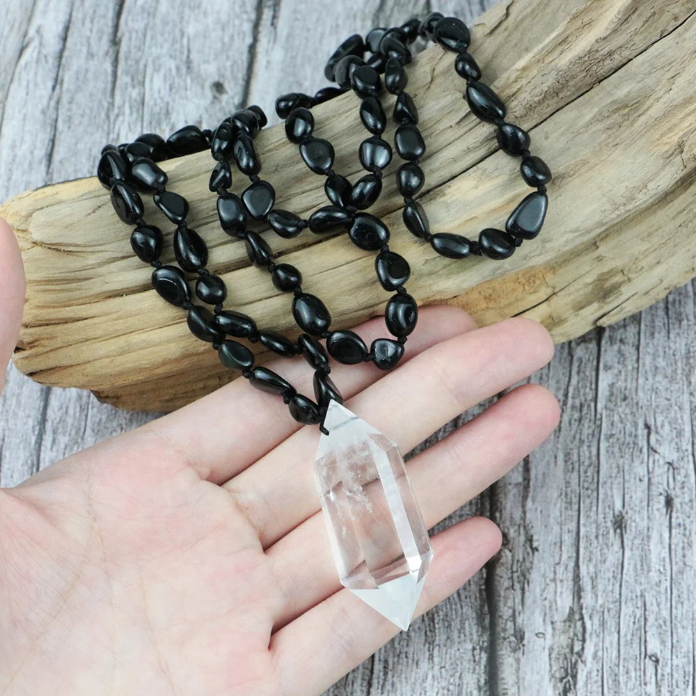 LS-A232 Black Tourmaline Chips Beads Knotted Necklace,Natural White Quartz Pendants Healing Crystal Necklace,Mala Beads necklace