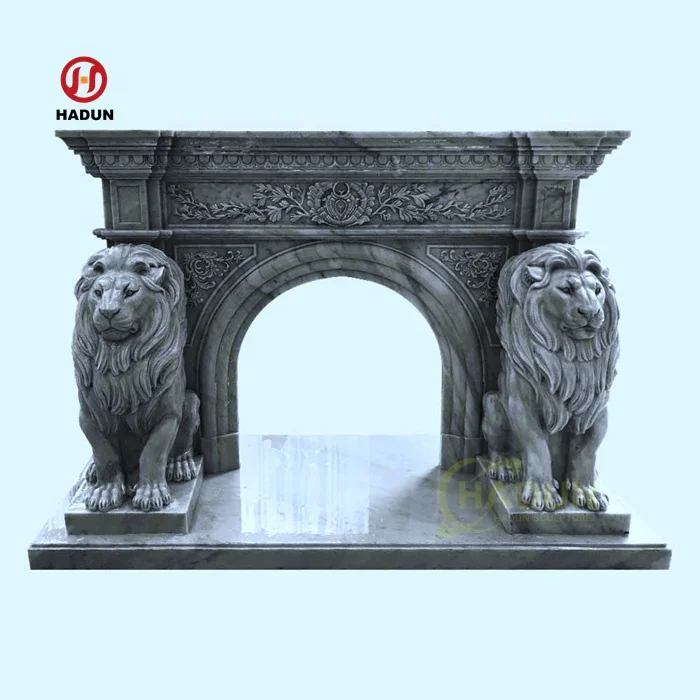 Изготовленная на заказ оптовая продажа Каменная Резная белая мраморная каминная полка с замком льва дизайн украшения дома для продажи